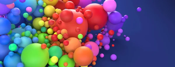 多色の球の鮮やかな虹が鮮やかな色で一緒にクラッシュします 3Dレンダリング — ストック写真