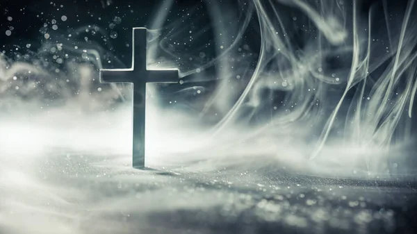 Christliches Kreuz Himmlischer Abstrakter Tapete Mit Ätherischen Wolken Leuchtenden Lichtern — Stockfoto