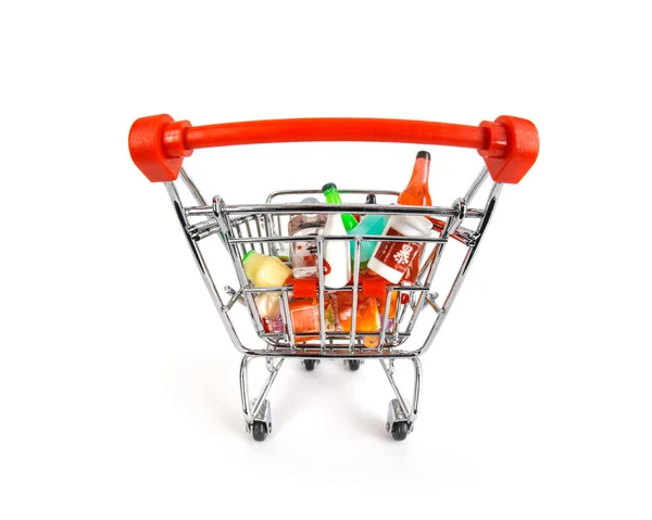 Fisheye View Shopping Basket Grocery Cart Full Groceries Shopping Isolated — Stock Photo, Image
