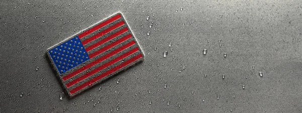Brillante Bandera Estadounidense Metal Cubierto Gotas Agua Bandera Patriótica Los — Foto de Stock