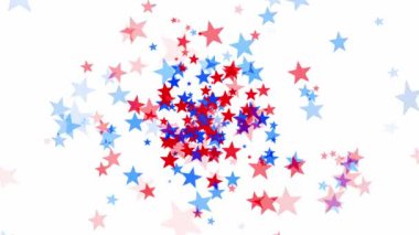 4 Temmuz, Anma Günü, Gaziler Günü ya da diğer vatansever Amerikan bayramları gibi ABD kutlamaları için beyaz ve siyah arka planlarda merkezden dışarı süzülen kırmızı beyaz ve mavi yıldızlar.