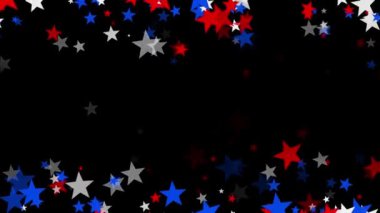 Amerika 'da 4 Temmuz, Anma Günü, Gaziler Günü ya da diğer vatansever Amerikan bayramları gibi kutlamalar için tepeden tırnağa siyah arka planda süzülen kırmızı ve mavi yıldızlar..