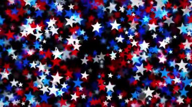 ABD kutlamaları için 4 Temmuz, Anma Günü, Gaziler Günü ya da diğer vatansever Amerikan bayramları gibi siyah arka planda uçuşan bulanık kırmızı ve mavi yıldızlar..