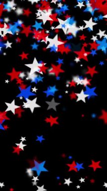 Amerika 'da 4 Temmuz, Anma Günü, Gaziler Günü ya da diğer vatansever Amerikan bayramları gibi kutlamalar için siyah zemin üzerinde yüzen parlak kırmızı beyaz ve mavi yıldızlar..