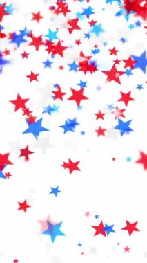 4 Temmuz, Anma Günü, Gaziler Günü ya da diğer vatansever Amerikan bayramları gibi kutlamalar için beyaz arka planda süzülen parlak kırmızı ve mavi yıldızlar..