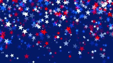 Amerika 'da 4 Temmuz, Anma Günü, Gaziler Günü ya da diğer vatansever Amerikan bayramları gibi kutlamalar için mavi arkaplan üzerine parlak kırmızı ve mavi yıldızlar düşüyor..