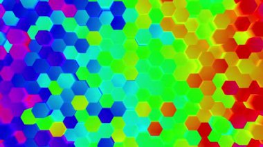 Yavaş rastgele hareket eden altıgen şekilli neon gökkuşağı. Parlak ve renkli geometrik duvar kağıdı veya arka plan mozaiği. 3d hazırlayıcı.