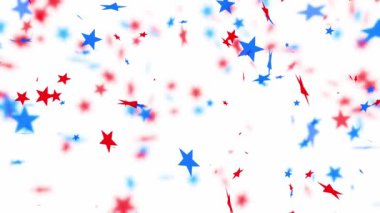 4 Temmuz, Anma Günü, Gaziler Günü ya da diğer vatansever Amerikan bayramları gibi kutlamalar için beyaz arka planda süzülen parlak kırmızı ve mavi yıldızlar..