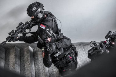 Lipovica, Sırbistan - 1 Haziran 2023 - Sırp Jandarma Belgrad Müfreze Uzman Birimi uzmanları tam donanımlı bir tanıtım fotoğrafı için poz verdiler.