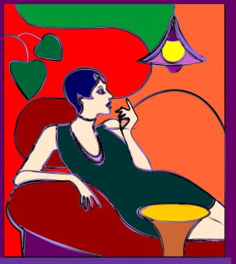 Renkli soyut arka plan, kübizm sanat tarzı, bar masasında oturan kız.