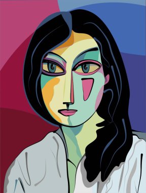 Renkli soyut arka plan, kübizm sanat tarzı, uzun siyah saçlı kız portresi