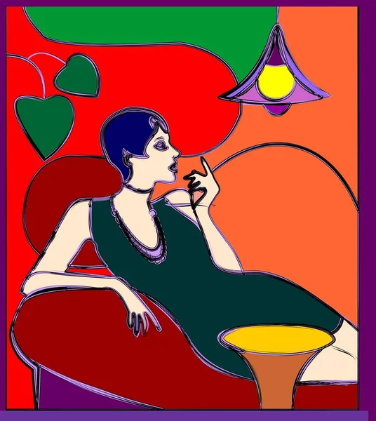 Renkli soyut arka plan, kübizm sanat tarzı, bar masasında oturan kız.