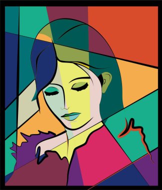 Renkli arkaplan, kübizm sanat tarzı, soyut portre