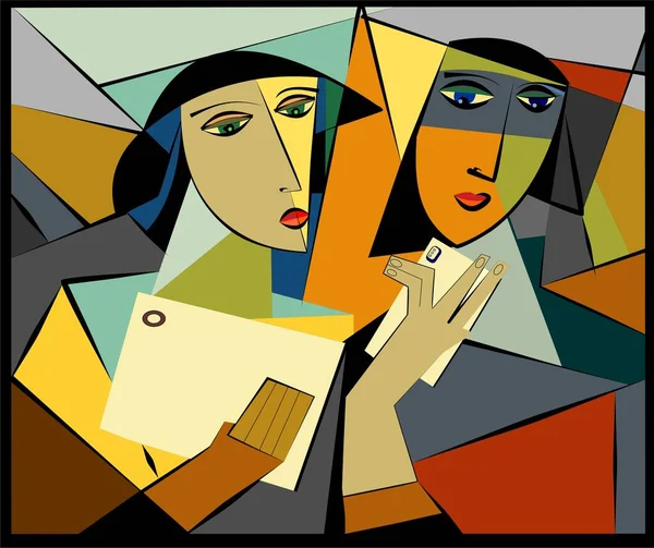 Fondo Colorido Estilo Arte Cubismo Mujeres Con Teléfono Móvil Tableta — Vector de stock