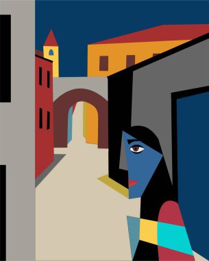 Renkli soyut arkaplan, binalar, yol ve insan figürü