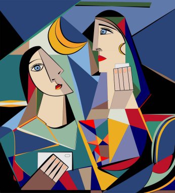 Colorful background, cubism art style,2 people  with mobile phone clipart