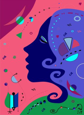 Soyut renkli arka plan, kadın başkanı, sürrealizm sanat tarzı.