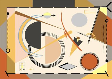 Soyut bej arkaplan, süslü geometrik ve eğri şekiller, dışavurumculuk sanat tarzı