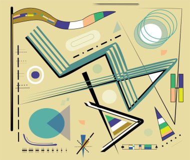 Soyut arkaplan, süslü geometrik ve eğri şekiller, beyaz mavi yeşil, dışavurumculuk sanat tarzı