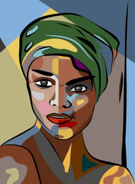 Renkli soyut arka plan, kübizm sanat tarzı, türbanlı genç siyah kız.