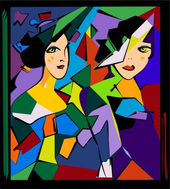 Renkli arka plan, kübizm sanat tarzı, soyut yüzler, iki arkadaş.