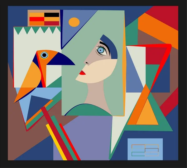 Renkli arka plan, kübizm sanat tarzı, soyut yüz ve tukan.