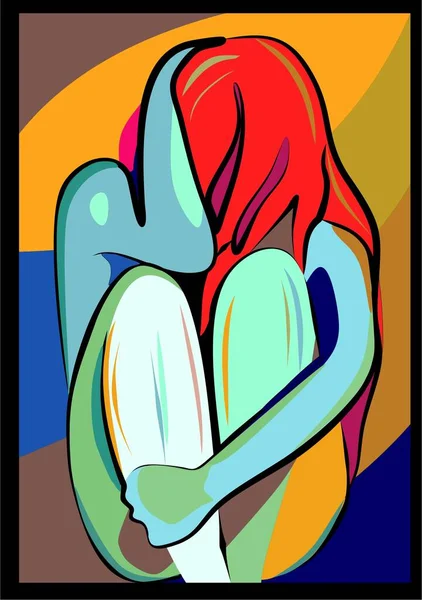 Renkli soyut arka plan, kübizm sanat tarzı, korkan kadın.