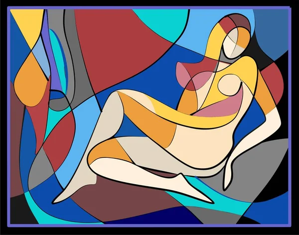 Soyut mavi arka plan, oturan kadın.