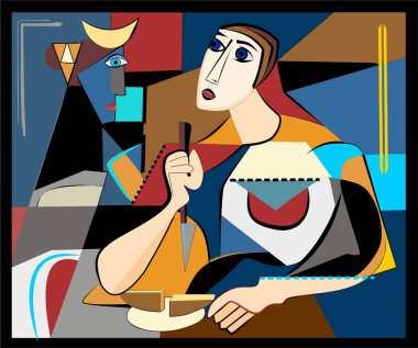 Renkli arka plan, kübizm sanat tarzı, kadın ekmek kesiyor.