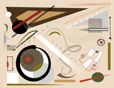 Soyut arkaplan, süslü geometrik ve eğri şekiller, beyaz kahverengi kırmızı, dışavurumculuk sanat tarzı