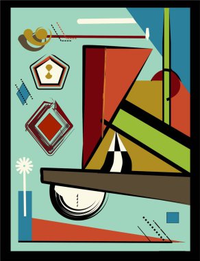 Soyut yeşil arkaplan, süslü geometrik ve eğri şekiller, dışavurumculuk sanat tarzı