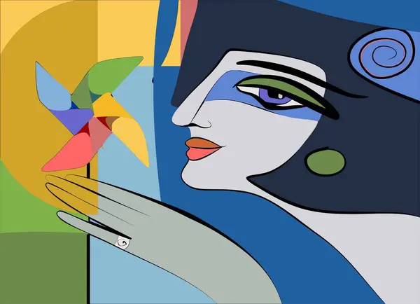 Soyut renkli arkaplan, kadın kafası, dönerek oyna.