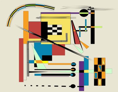 Soyut arkaplan, süslü geometrik ve eğri şekiller, beyaz sarı mavi, dışavurumculuk sanat tarzı