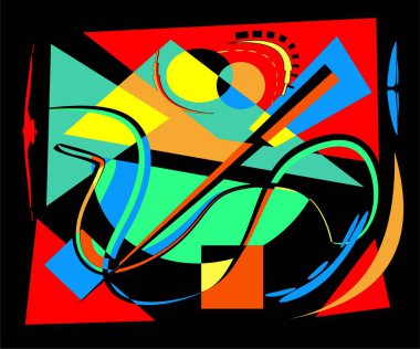 Soyut kırmızı arkaplan, süslü geometrik ve eğri şekiller, dışavurumculuk sanat tarzı