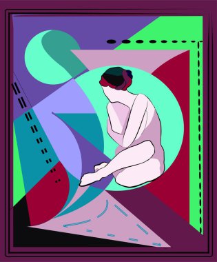 Renkli soyut kompozisyon, kübizm sanat tarzı, desenli arka plandaki kadın.