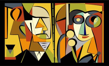 Renkli arka plan, kübizm sanat tarzı, soyut portre evlidir.