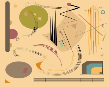 Soyut bej arkaplan, süslü geometrik ve eğri şekiller, dışavurumculuk sanat tarzı