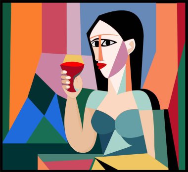 Renkli bir arka plan, kübizm sanat tarzı, bir bardak şarabı olan bir kadın.