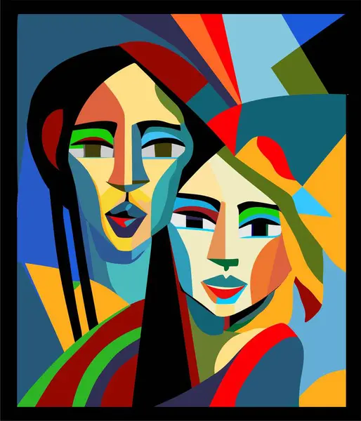 Renkli arkaplan, kübizm sanat tarzı, soyut portreler, anne ve kız