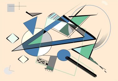 Soyut bej arkaplan, süslü geometrik ve eğri şekiller, dışavurumculuk sanat tarzı