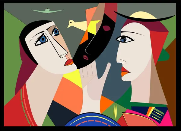 Renkli arka plan, kübizm sanat tarzı, soyut yüzler barışın güvercinine bak