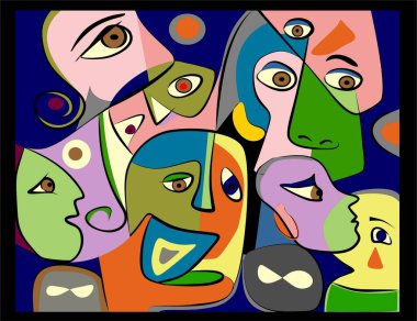 Renkli arkaplan, kübizm sanat tarzı, soyut yüzler