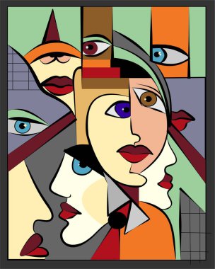 Renkli arkaplan, kübizm sanat tarzı, soyut yüzler