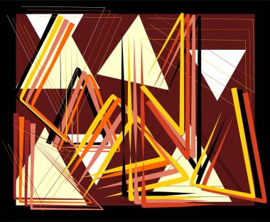 Canlı bir soyut kompozisyon, koyu bir arkaplana karşı kırmızı, sarı ve kahverengi tonlarında geometrik şekillerin ve çizgilerin dinamik bir düzenini içerir..