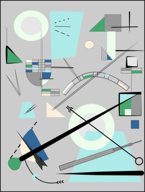 geometric shapes and lines intersect  each other against a gray background, creating an abstract composition. Different shades of green, blue, black, gray , while elements such as circles, rectangles clipart