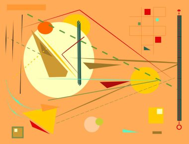 Soyut geometrik şekiller ve çizgiler, arkaplana egemen turuncu bir renkle canlı bir kompozisyonda etkileşir.. 