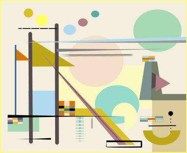 Çeşitli geometrik şekiller ve çizgiler karmaşık, soyut bir kompozisyonda pastel renk paleti ile etkileşir. Bazı elementler düz çizgilerle ya da üst üste binen şekillerle birbirine bağlıyken yüzer gibi görünür..