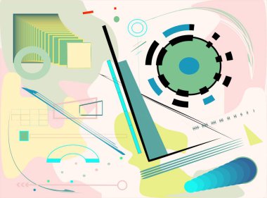  Geometrik ve soyut şekiller kalın çizgiler ve yumuşak pastel renklerle iç içe geçmiştir. Merkezi dairesel desen, kıvrımlı ve açısal formların karışımıyla çevrili gözü çeker.