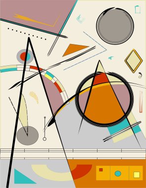  Geometrik şekiller ve çizgiler çok renkli bir arkaplan boyunca rastgele ama sanatsal bir şekilde dağılmış. Siyah çizgiler önde görünür, şekiller arasında derinlik hissi yaratır.