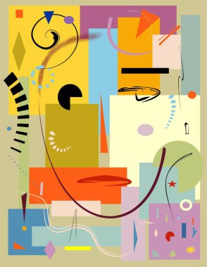 Bir kompozisyon çeşitli geometrik şekiller içerir, çok renkli bir arkaplan ile ayarlanır. Soyut elementler ve parlak renkler birleşerek neşeli bir görsel efekt oluşturur ve bir yüzü anımsatır.